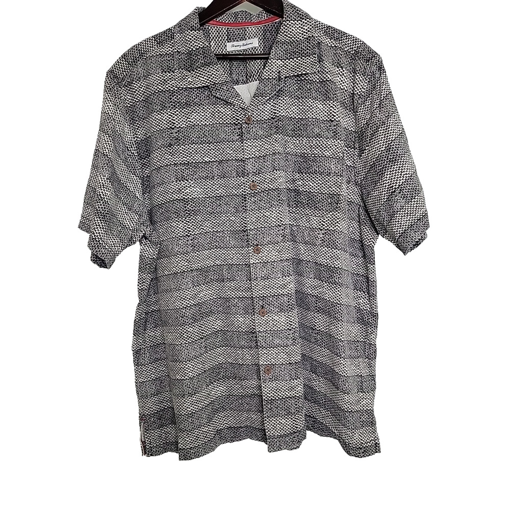 Tommy Bahama Mens Sz 2XL "RATTAN STRIPES" BLACK Camp Silk Blend‎ Button Shirt